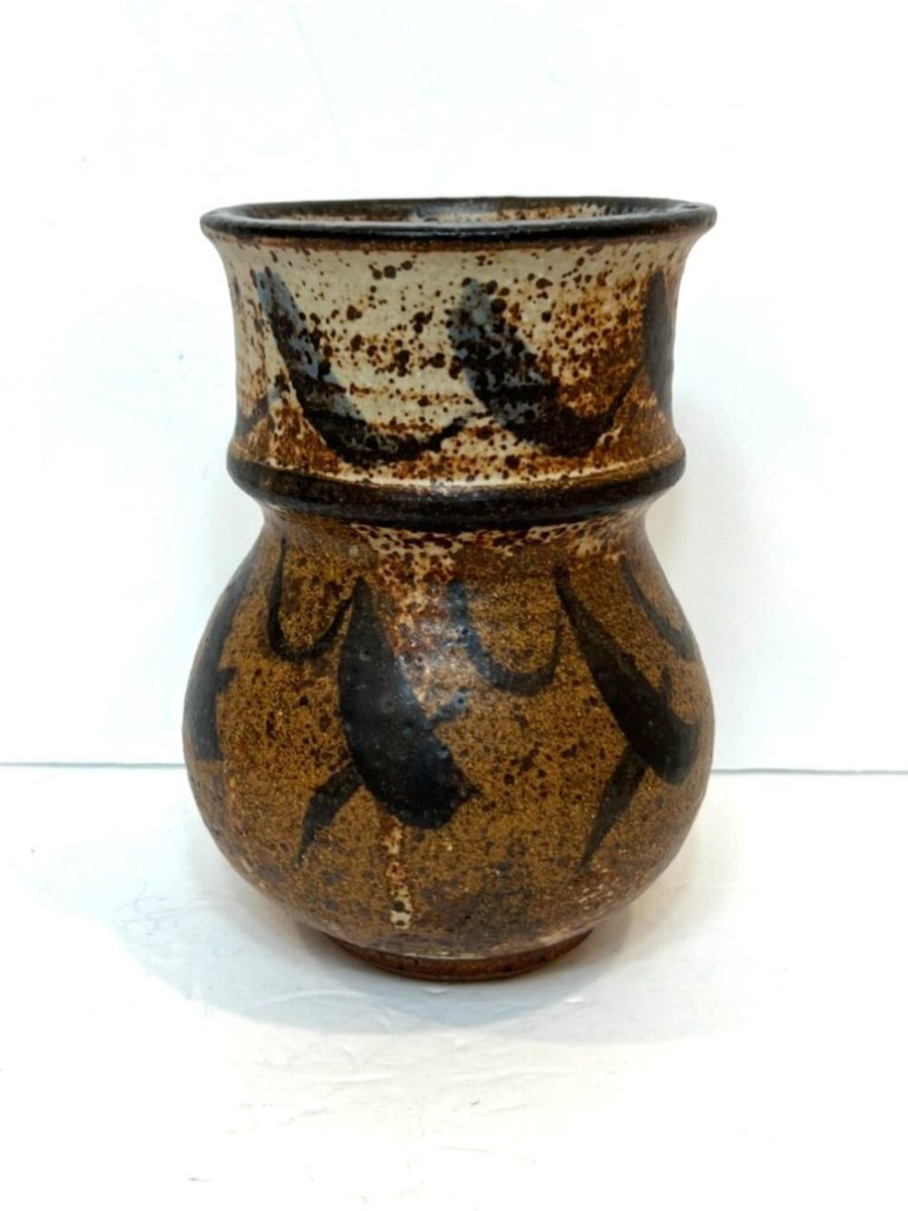Rustic Studio Pottery Vase Speckled Glaze Bulbous Body Flared Neck Brown Black